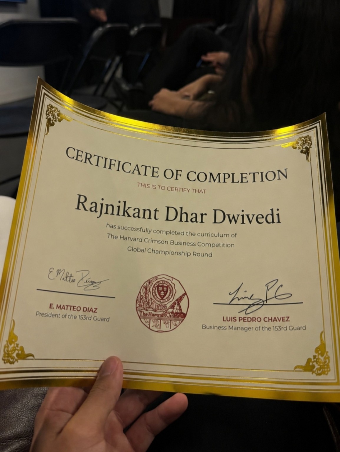 The Harvard Crimson Business Competition certificate