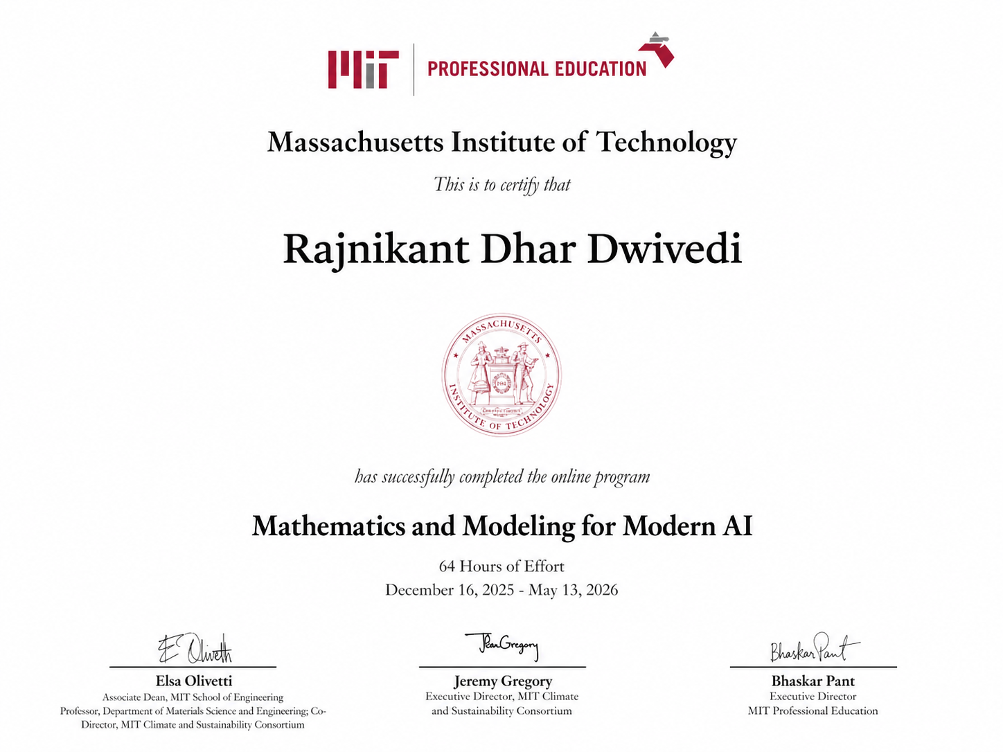 MIT Mathematics & Modeling for Modern AI Certificate – Rajnikant Dhar Dwivedi